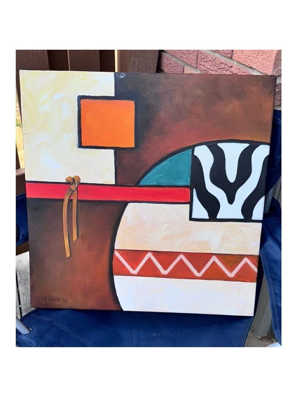 Abstract Geometric painting canvas western cow Leather 20 x 20  Donna Francis Wi